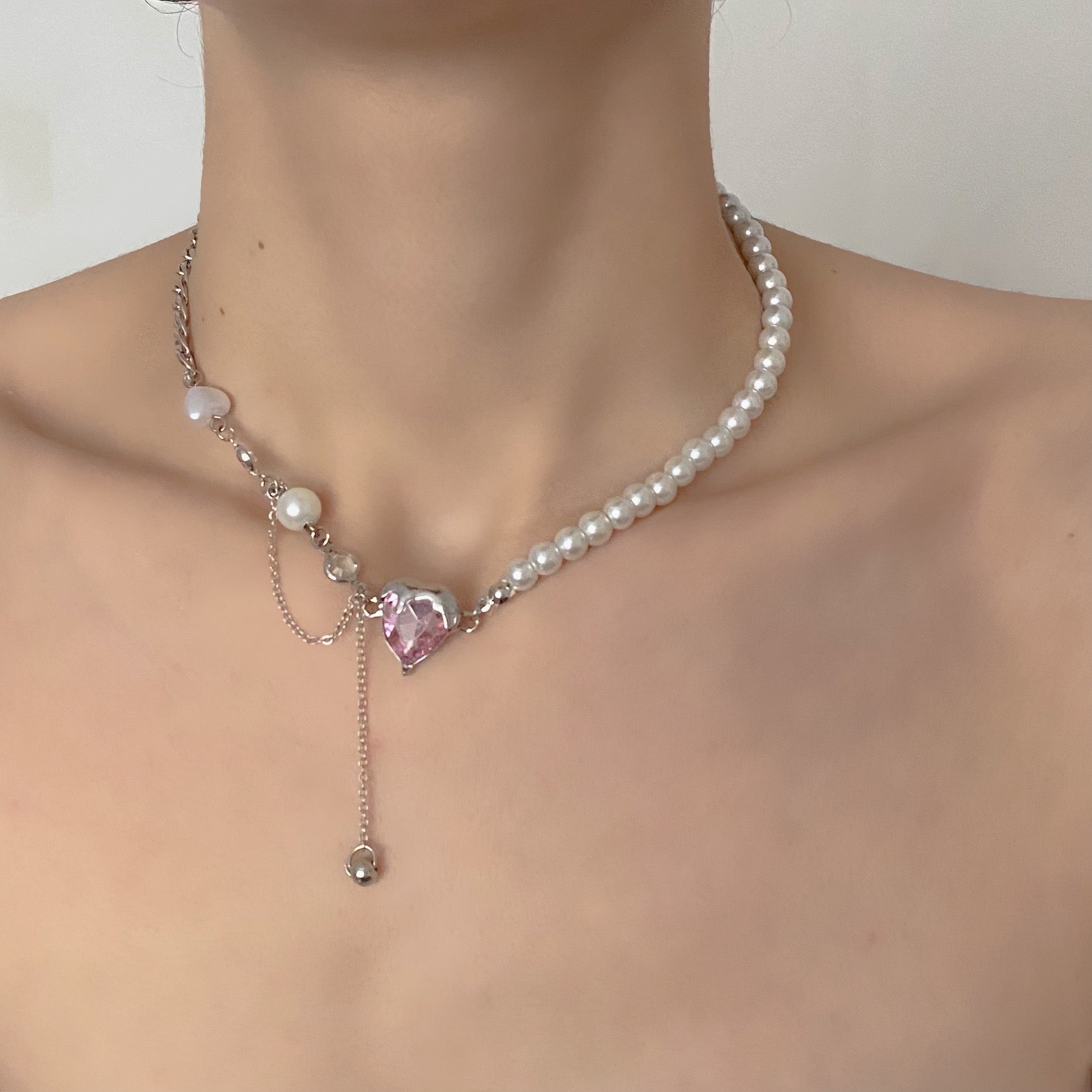 Pembe Kalp İncili Y2k Kolye